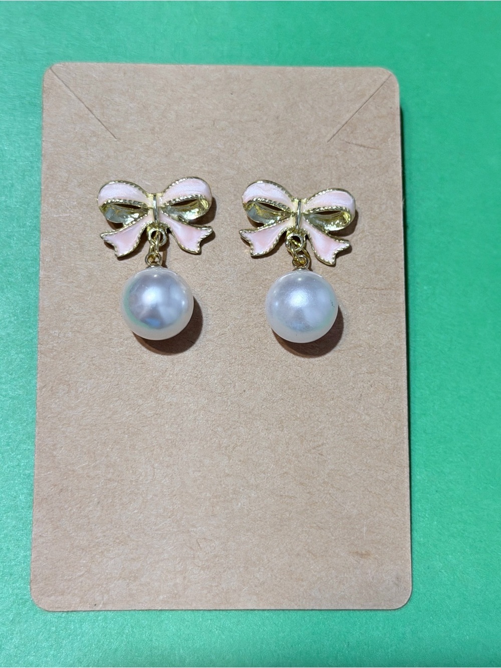 Pink Enamel Bow Pearl  Gold Fairy Core Drop Earrings - Picture 4 of 8